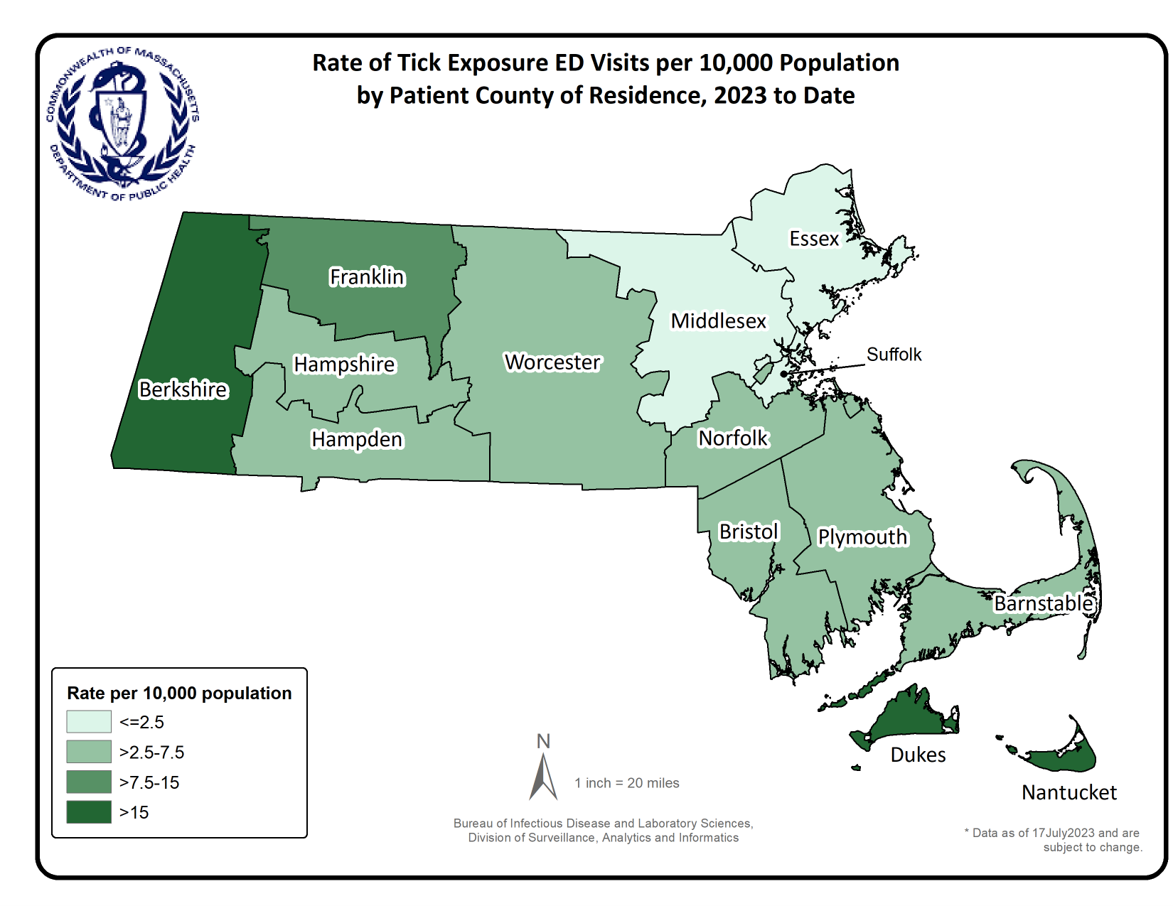 A map showing the county-by-county rates of emergency room visits due to tick exposure in Massachusetts for 2023 through June.