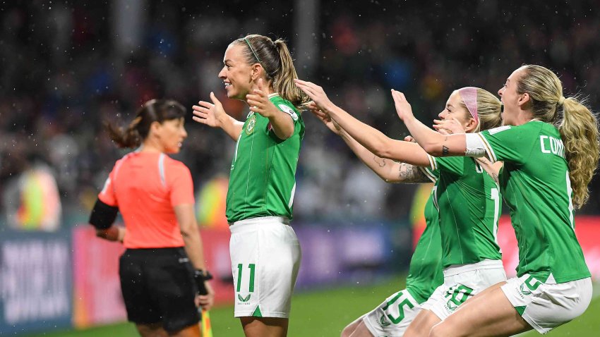 Katie McCabe of Republic of Ireland, left, celebrates with teammates Denise O’Sullivan and Megan Connolly, after scoring their side’s first goal direct from a corner kick during the FIFA Women’s World Cup 2023 Group B match between Canada and Republic of Ireland at Perth Rectangular Stadium in Australia.