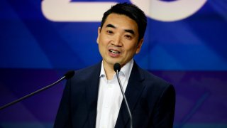 Zoom founder Eric Yuan speaks before the Nasdaq opening bell ceremony in New York on April 18, 2019.