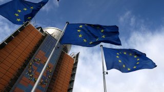 European Union flags flutter outside the EU Commission headquarters, in Brussels, Belgium, February 1, 2023