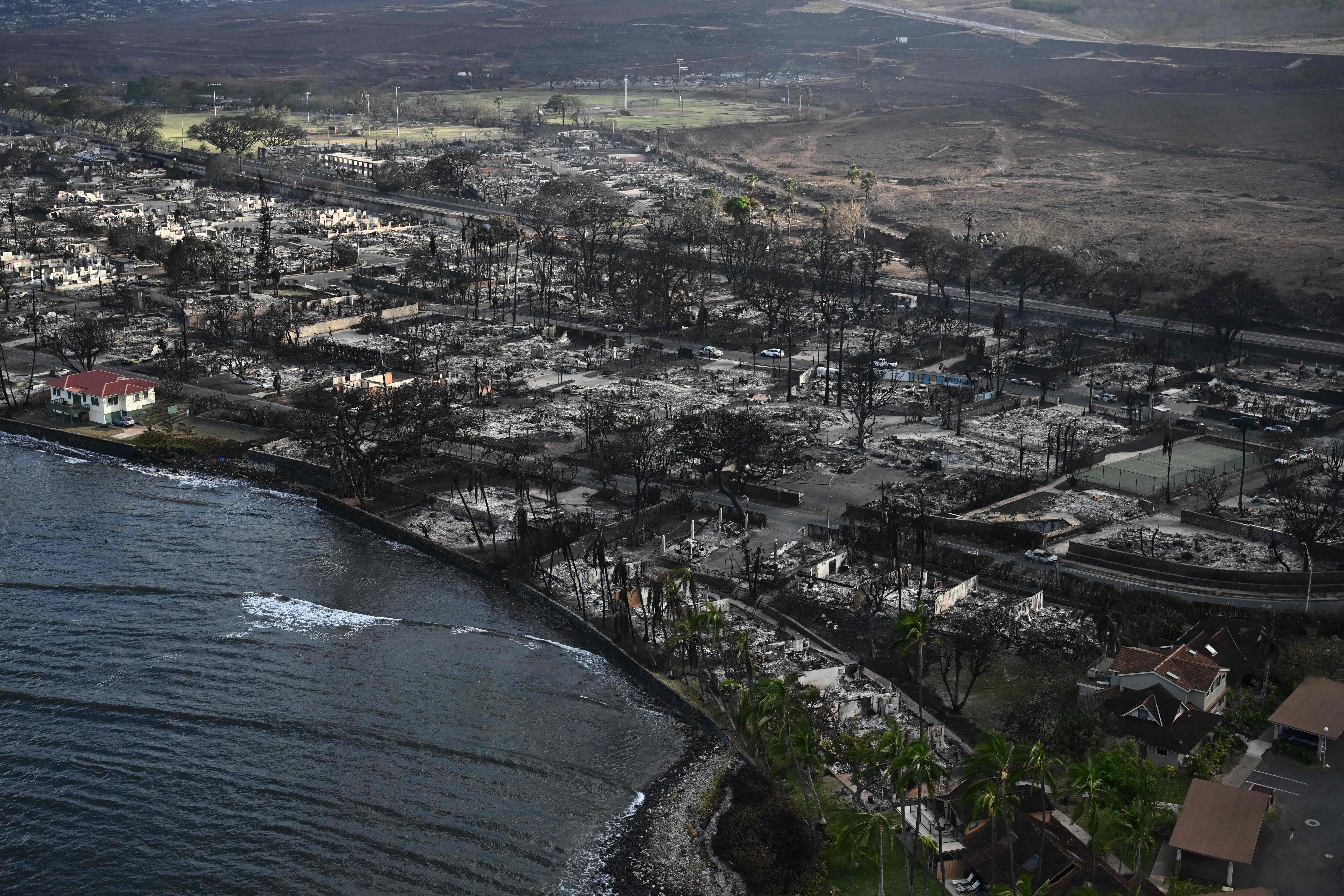 An aerial view of Lahaina after wildfires burned through the town on the Hawaiian island of Maui, Aug. 10, 2023. Dozens of people have died after a fast-moving wildfire turned Lahaina to ashes.