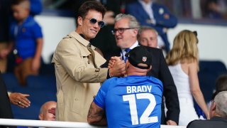 Birmingham City co-owner Tom Brady meets fans in the stands at half-time during the Sky Bet Championship match at St. Andrew's, Birmingham, on Saturday Aug. 12, 2023.