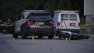 A motorcycle collided with a Lowell police cruiser on Saturday, Aug. 5, 2023.