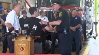 Car crash survivor Raphael Campos met the first responders who saved his life in Norwood, Massachusetts, on Wednesday, Aug 30, 2023.