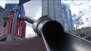 A slide at Boston City Hall Plaza on which a city police officer was hurt as shown in video that's gone viral.