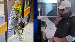 Surveillance images showing a man or men who robbed two Manchester, New Hampshire, banks on Friday and Saturday, Aug. 11 and 12, 2023.