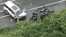 The scene of a serious car crash on I-95 North in North Attleborough, Massachusetts, on Monday, Aug. 28, 2023.