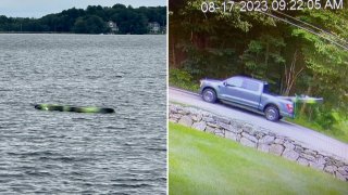 After a kayak was seen overturned in a reservoir in Douglas, Massachusetts, on Thursday, Aug. 18, 2023, seen at left, police asked for help finding the owner of the pickup truck seen at right.