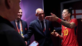 Jenni Hermoso and Spanish FA president Luis Rubiales talk in the tunnel following victory after the FIFA Women’s World Cup Australia & New Zealand 2023 Final match between Spain and England at Stadium Australia on August 20, 2023 in Sydney, Australia.