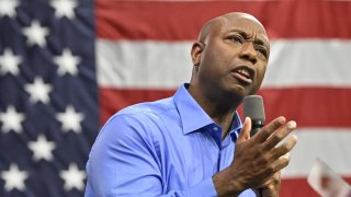 Senator Tim Scott holds a ‘major announcement’ in North Charleston, SC at his alma mater, Charleston Southern University in the Buccaneer Field House in Charleston, SC, on May 22, 2023