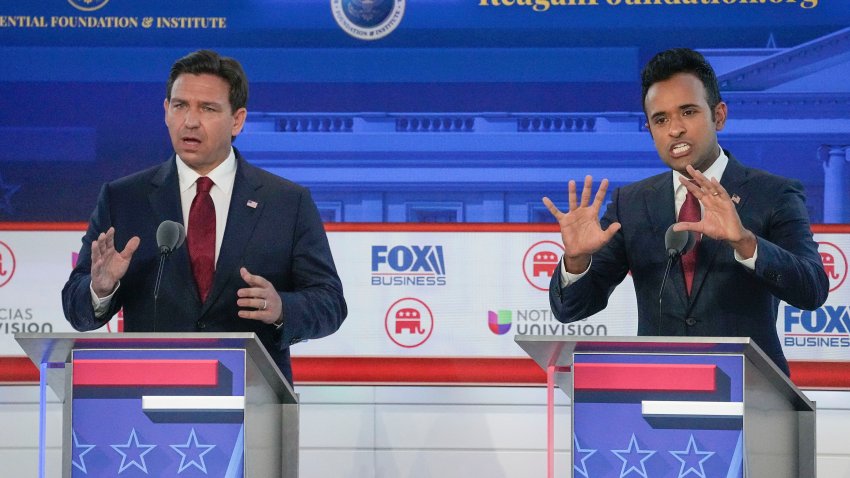 Republican presidential candidates speak during a Republican presidential primary debate hosted by FOX Business Network and Univision, Wednesday, Sept. 27, 2023, at the Ronald Reagan Presidential Library in Simi Valley, Calif.