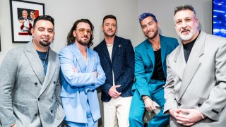 FILE - (L-R) Chris Kirkpatrick, JC Chasez, Justin Timberlake, Lance Bass and Joey Fatone of *NSYNC seen backstage during the 2023 Video Music Awards at Prudential Center on Sept. 12, 2023, in Newark, New Jersey.