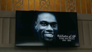 FILE - A screen at the entrance of Mississippi Boulevard Christian Church displays the celebration of life for Tyre Nichols on Feb. 1, 2023, in Memphis, Tennessee.