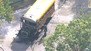 A school bus whose front had a fire put out in Boston on Wednesday, Sept. 13, 2023.