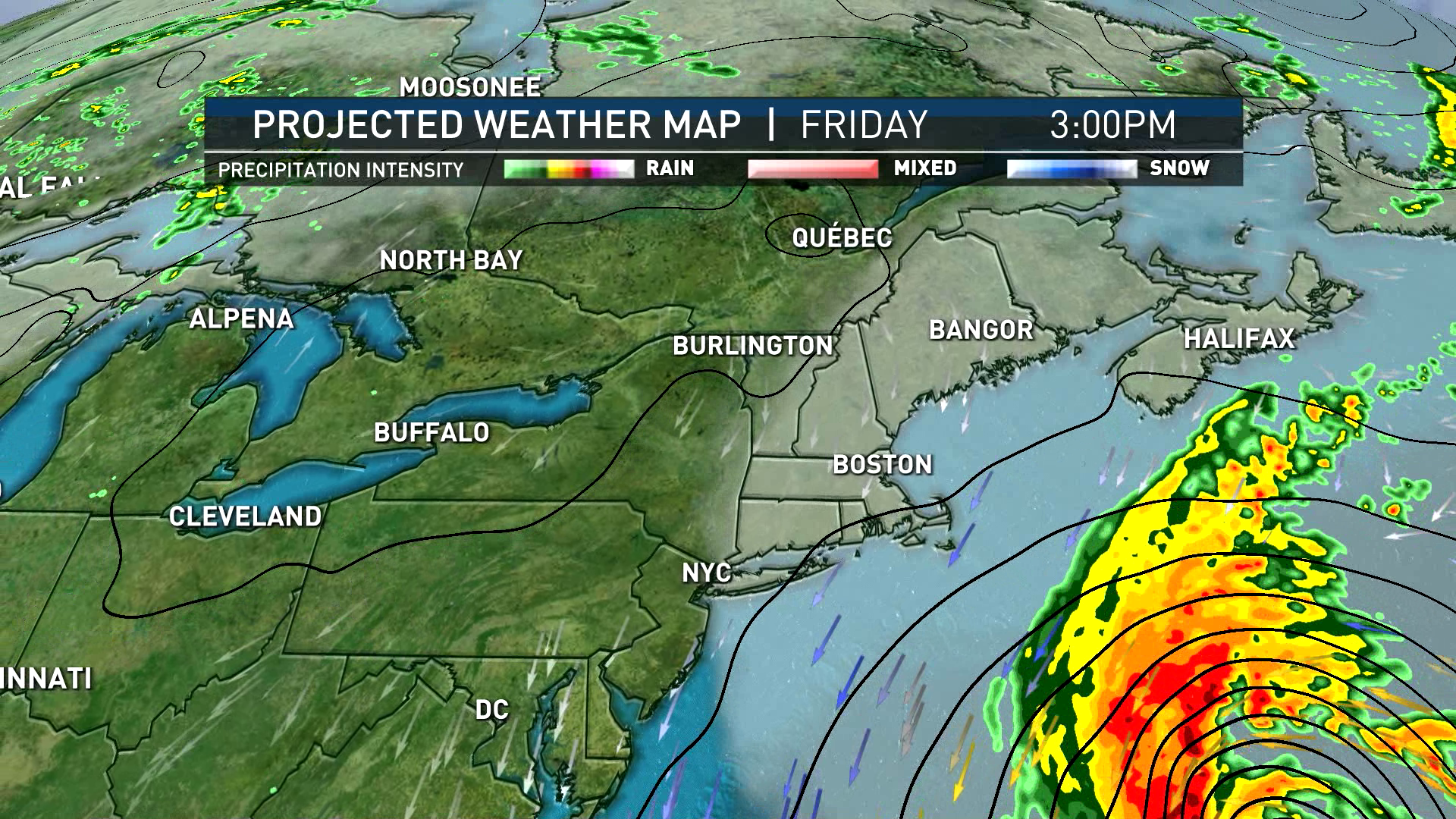 A map showing the NBC10 Boston forecast of Hurricane Lee approaching the New England coast as of Friday, Sept. 15, 2023, at 3 p.m.