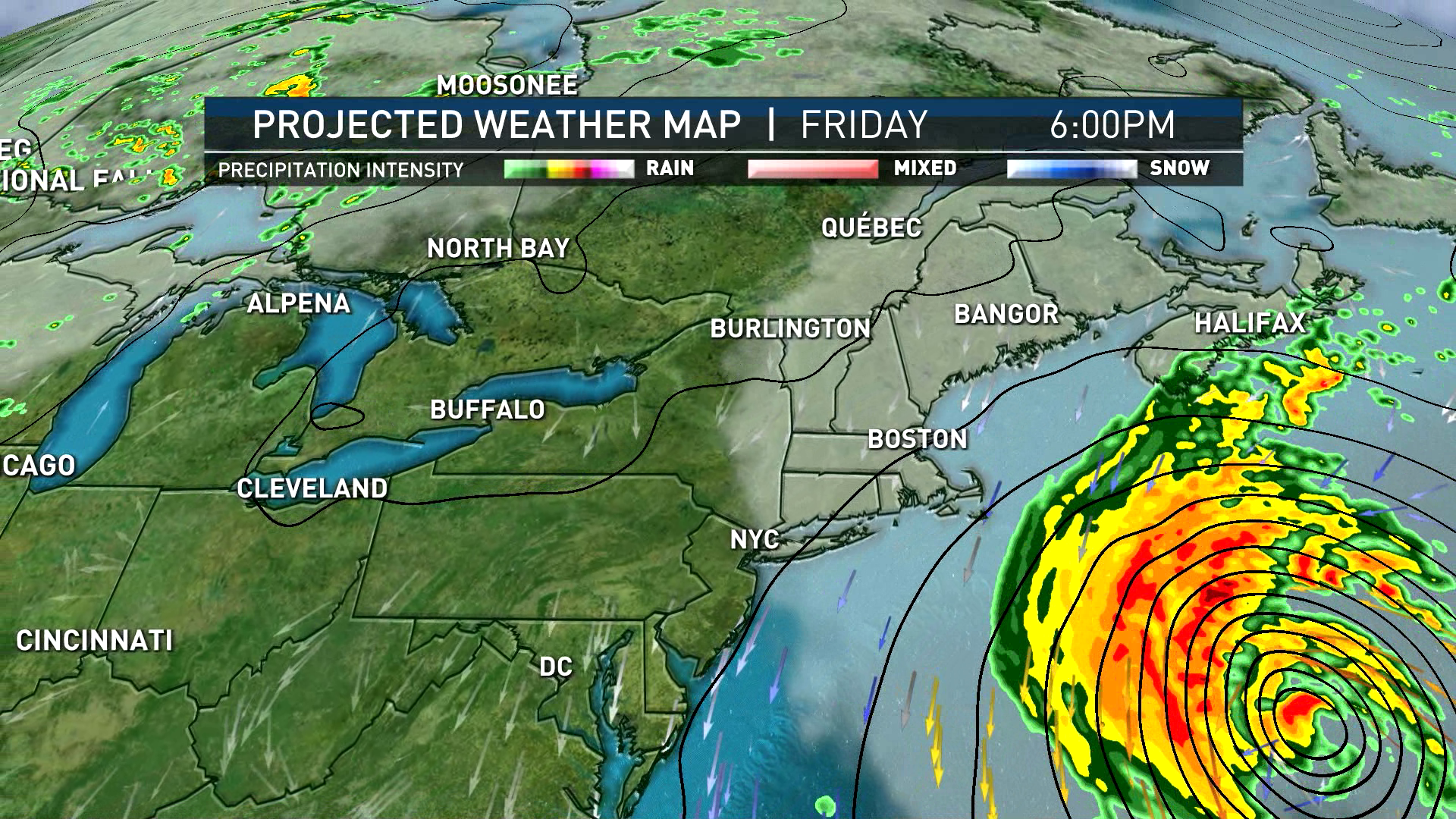 A map showing the NBC10 Boston forecast of Hurricane Lee approaching the New England coast as of Friday, Sept. 15, 2023, at 6 p.m.