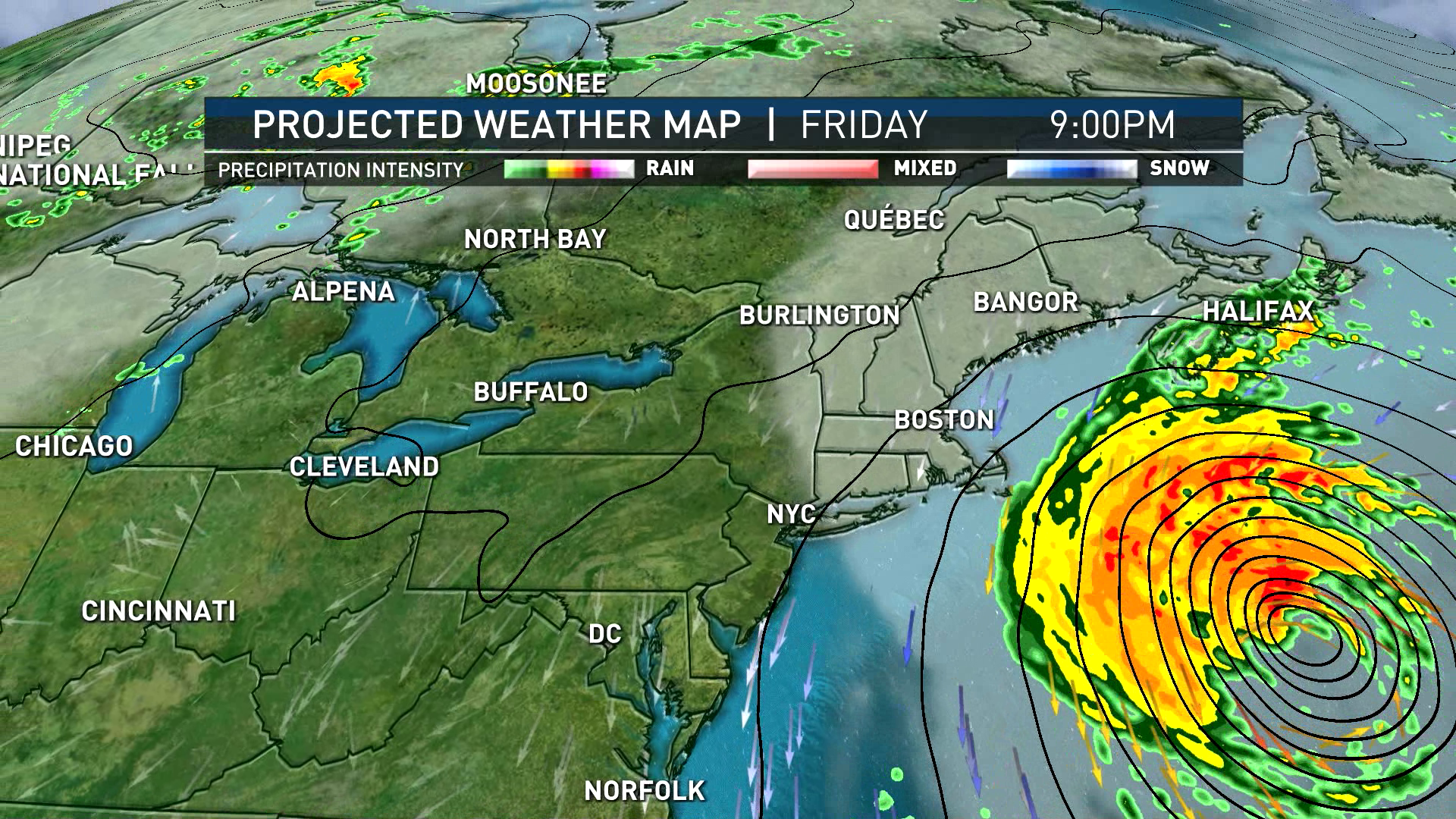 Map showing NBC10 Boston's forecast for Hurricane Lee approaching the New England coast as of Friday, September 15, 2023, at 9 p.m.