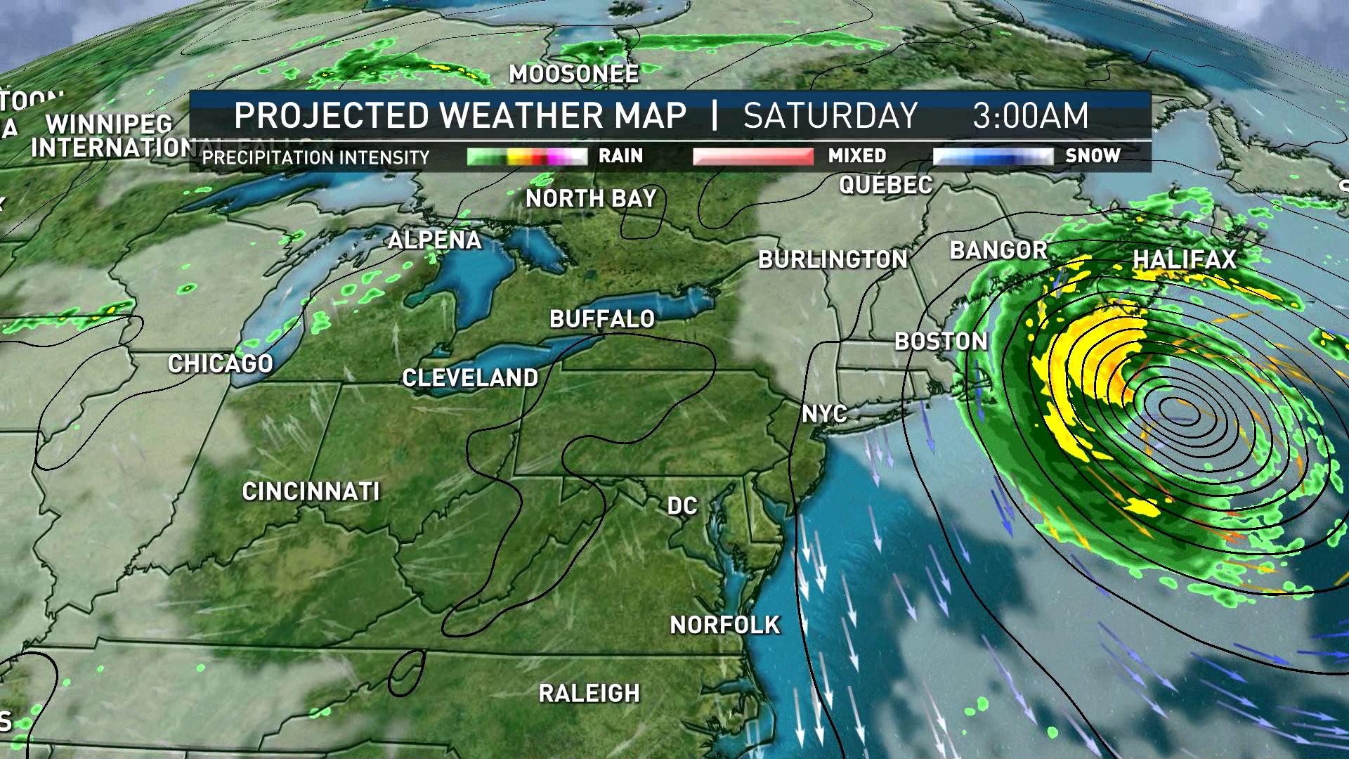 A map showing the NBC10 Boston forecast of Hurricane Lee approaching the New England coast as of Saturday, Sept. 16, 2023, at 3 a.m.