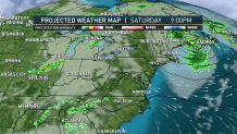 A map showing the NBC10 Boston forecast of Hurricane Lee approaching the New England coast as of Saturday, Sept. 16, 2023, at 9 p.m.