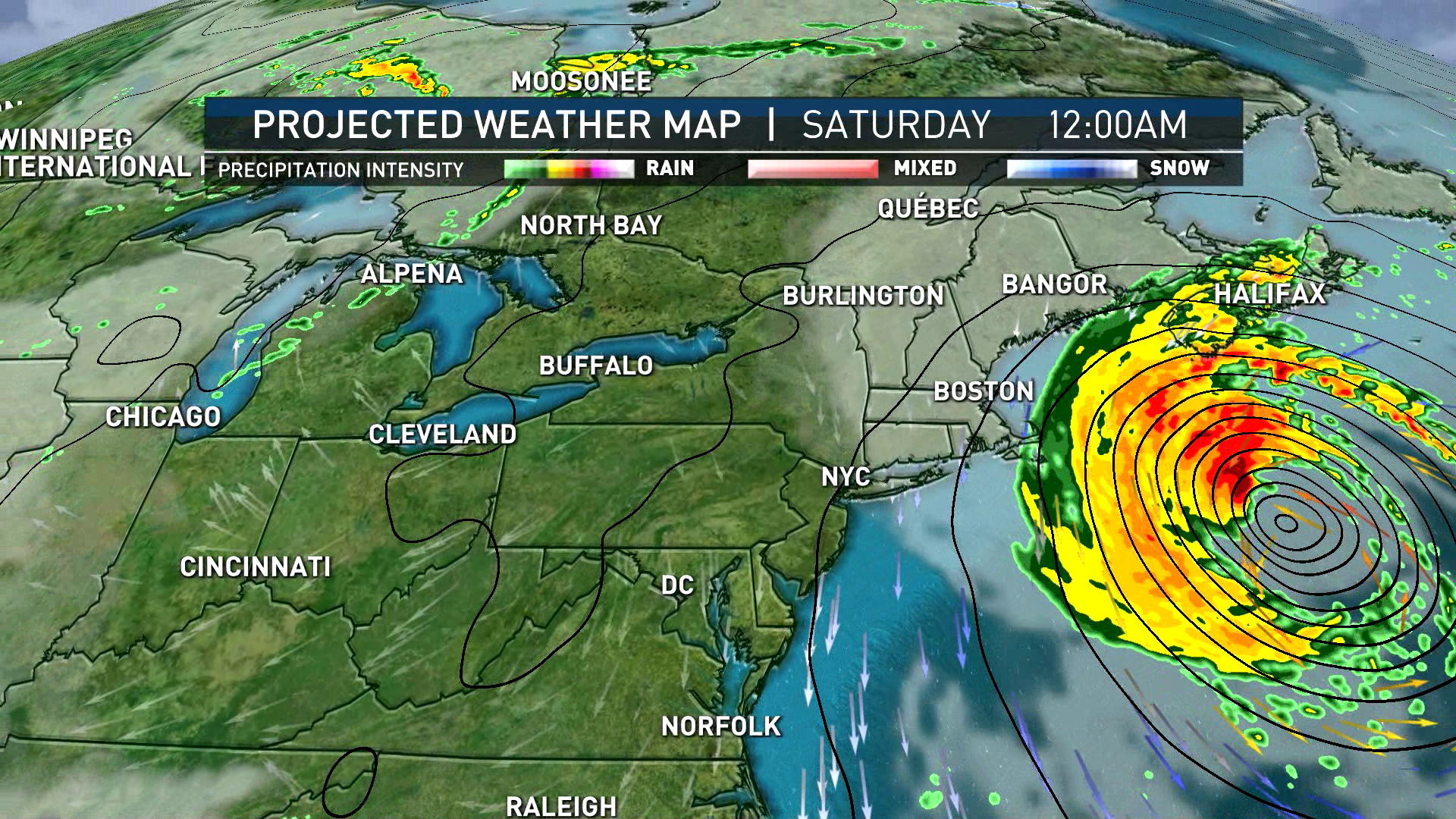 Map showing NBC10 Boston's forecast for Hurricane Lee approaching the New England coast as of Saturday, September 16, 2023 at midnight.