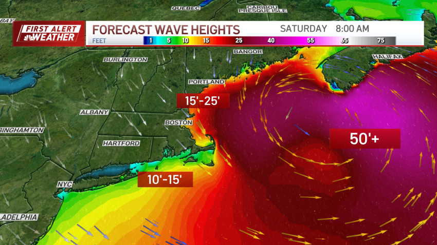A map showing expected wave heights off New England on Saturday, Sept. 16, 2023, as Hurricane Lee impacts the area, including Massachusetts, New Hampshire and Maine. Waves could reach 15-25 feet off the coast, and 50 feet in the deep ocean.