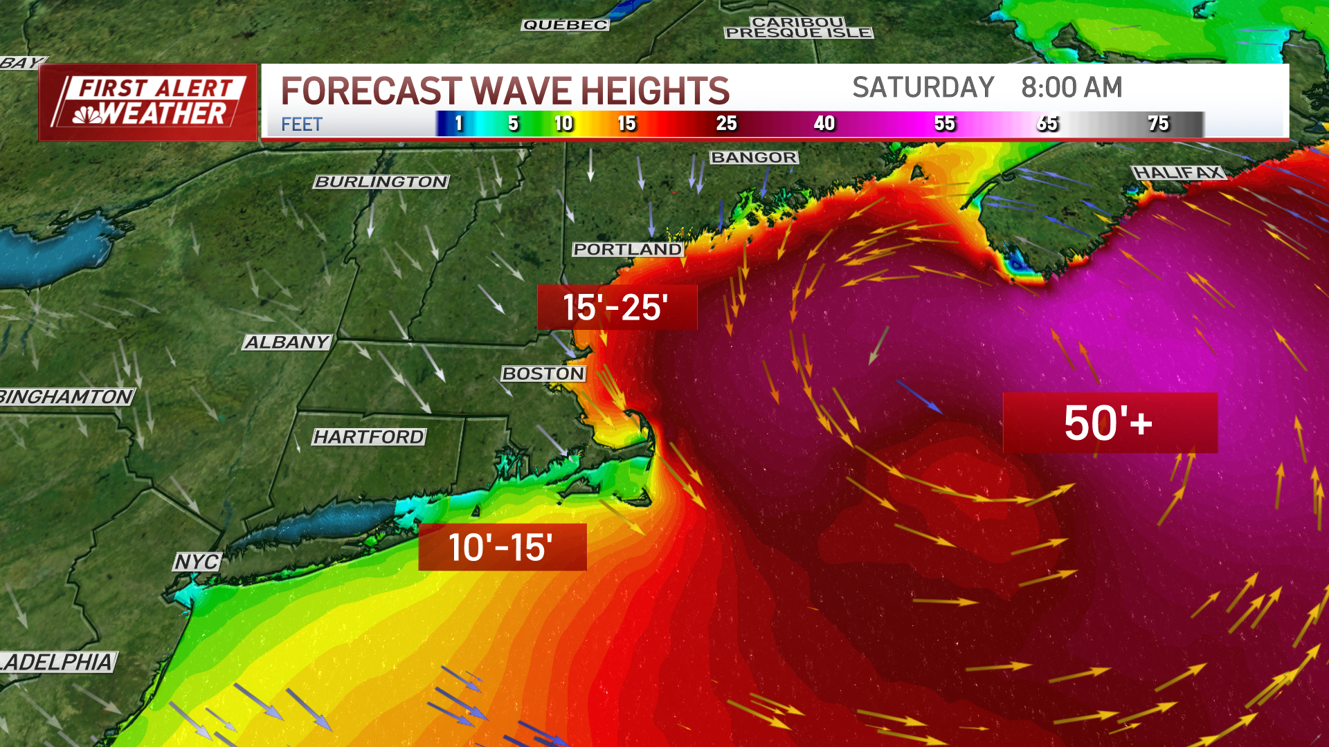 A map showing expected wave heights off New England on Saturday, Sept. 16, 2023, as Hurricane Lee impacts the area, including Massachusetts, New Hampshire and Maine. Waves could reach 15-25 feet off the coast, and 50 feet in the deep ocean.