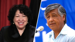 (L) U.S. Supreme Court Associate Justice Sonia Sotomayor poses for an official portrait on Oct. 7, 2022. (R) Former United Farm Workers President Cesar Chavez at a rally in 1988.