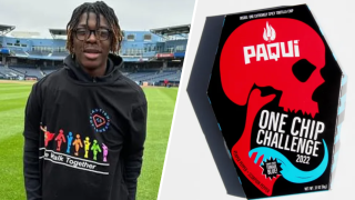 At left, a family photo of Harris Wolobah, a Worcester teenager whose death after he took part in the One Chip Challenge, is under investigation. At right, an image of a One Chip Challenge package.