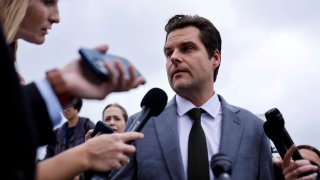 U.S. Rep. Matt Gaetz, R-Fla., speaks with reporters as he departs after a series of failed votes on spending packages at the U.S. Capitol in Washington ahead of a looming government shutdown, Sept. 29, 2023.