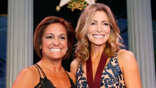 FILE - Oklahoma Hall of Fame inductee Shannon Miller, right, stands with her presenter, Mary Lou Retton