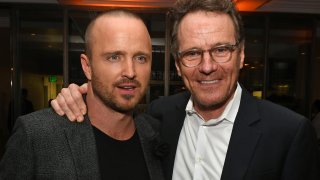 LOS ANGELES, CALIFORNIA – OCTOBER 07:  Aaron Paul (L) and Bryan Cranston attend the Premiere of Netflix’s “El Camino: A Breaking Bad Movie” After Party at Baltaire on October 07, 2019 in Los Angeles, California. (Photo by Kevin Winter/Getty Images)