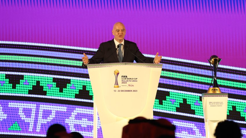 JEDDAH, SAUDI ARABIA – SEPTEMBER 05: FIFA President, Gianni Infantino speaks during the FIFA Club World Cup Draw at Park Hyatt Jeddah on September 05, 2023 in Jeddah, Saudi Arabia. (Photo by Yasser Bakhsh – FIFA/FIFA via Getty Images)