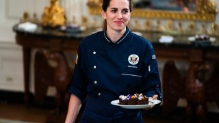 Chef Katie Button with Hazelnut & Chocolate Mousse Cake and Creme Fraiche Ice Cream on displayed during the media preview of the State Dinner with visiting Prime minister Anthony Albanese and Ms. Jofie Haydn of Australia in the State Dining Room of the White House on Tuesday Oct. 24, 2023.