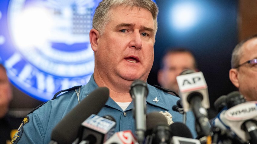 State Trooper Colonel William Ross speaks at a press conference at city hall in Lewiston, Maine, on October 26, 2023. Police in the US state of Maine waged a major manhunt Thursday for a gunman who killed 18 people at a bowling alley and a bar in the deadliest mass shooting this year in America. The rampage in the small northeastern town of Lewiston also left 13 people wounded, three of them in critical condition, with a wide area under lockdown as schools were closed, roadblocks erected and residents ordered to stay indoors. (Photo by Joseph Prezioso / AFP) (Photo by JOSEPH PREZIOSO/AFP via Getty Images)