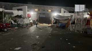 A picture shows a view of the exterior of Al-Shifa hospital in Gaza City on Nov. 10, 2023, amid ongoing battles between Israel and the Palestinian Hamas movement.