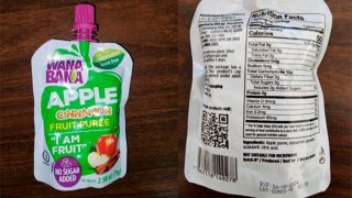 This photo provided by the U.S. Food and Drug Administration on Oct. 28, 2023, shows a WanaBana apple cinnamon fruit puree pouch. The FDA is warning parents and caregivers not to buy or serve certain pureed fruit pouches marketed to toddlers and young children because the food might contain dangerous levels of lead. Children who have eaten WanaBana apple cinnamon fruit puree pouches should be tested for possible lead poisoning, the agency said. (FDA via aP)