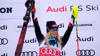 Mikaela Shiffrin of United States celebrates her victory in a women’s World Cup slalom skiing race Sunday, Nov. 26, 2023, in Killington, Vt. (AP Photo/Robert F. Bukaty)