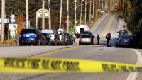 Lewiston, ME – October 28: Police and FBI were still at Schemengees Bar and Grille Saturday morning as they gather evidence at the location which was the scene of one of two mass shootings in Lewiston that killed 18 people. (Photo by John Tlumacki/The Boston Globe via Getty Images)