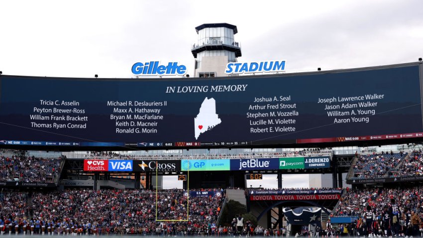 FOXBOROUGH, MASSACHUSETTS – NOVEMBER 05: A tribute to the tragedy in Lewiston, Maine is held prior to the game between the Washington Commanders and the New England Patriots at Gillette Stadium on November 05, 2023 in Foxborough, Massachusetts. (Photo by Maddie Meyer/Getty Images)