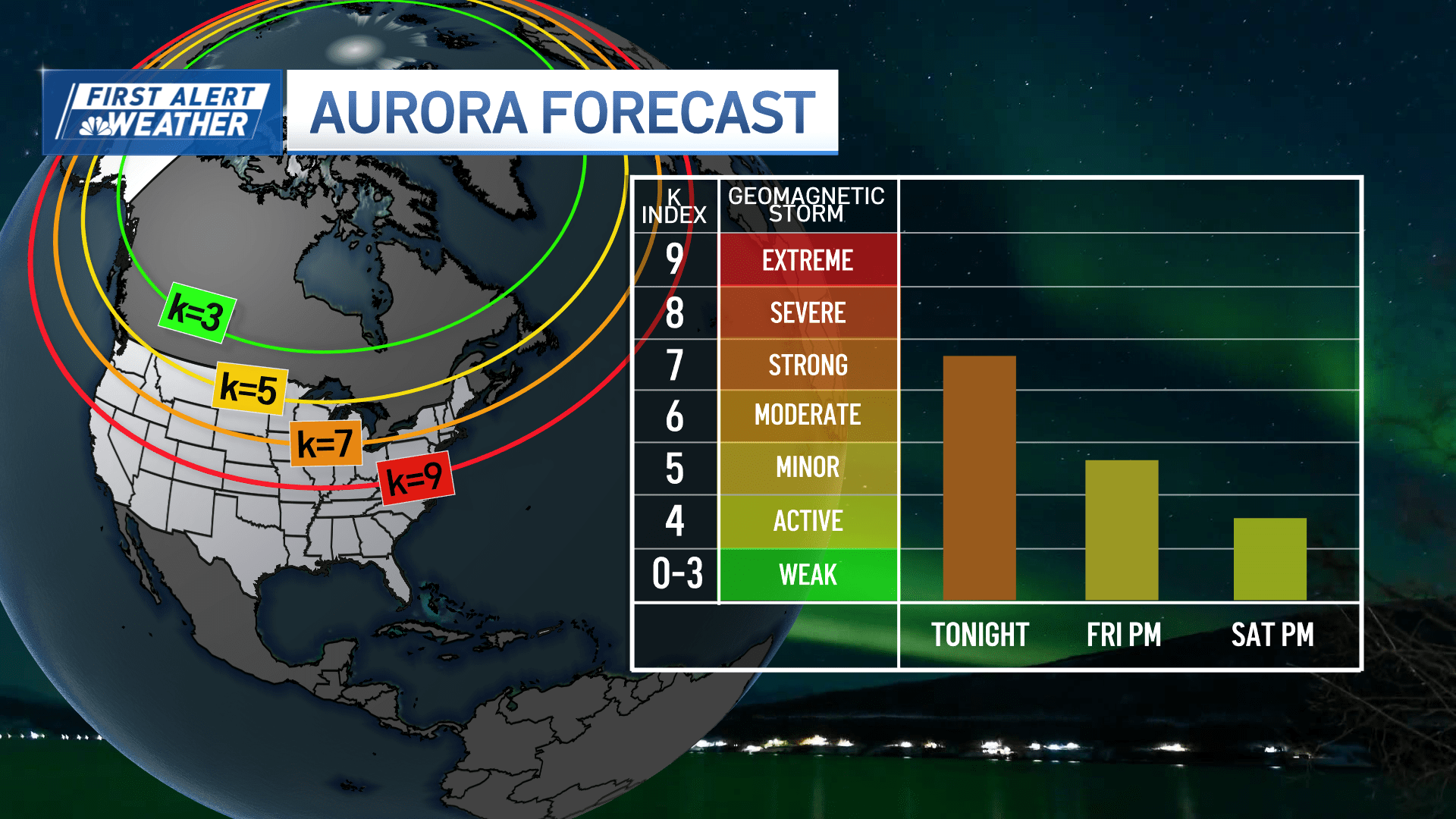 A chart showing how far south in the United States the northern lights are visible depending on the strength of the geomagnetic storm. Overnight Thursday, Nov. 30, 2023, into Friday, Dec. 1, 2023, a strong storm may make the lights visible in parts of New England, perhaps as far south as Massachusetts.