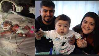 Left: Nathan Alves Machado when he was born. Right: A 17-month-old Nathan poses with his parents.