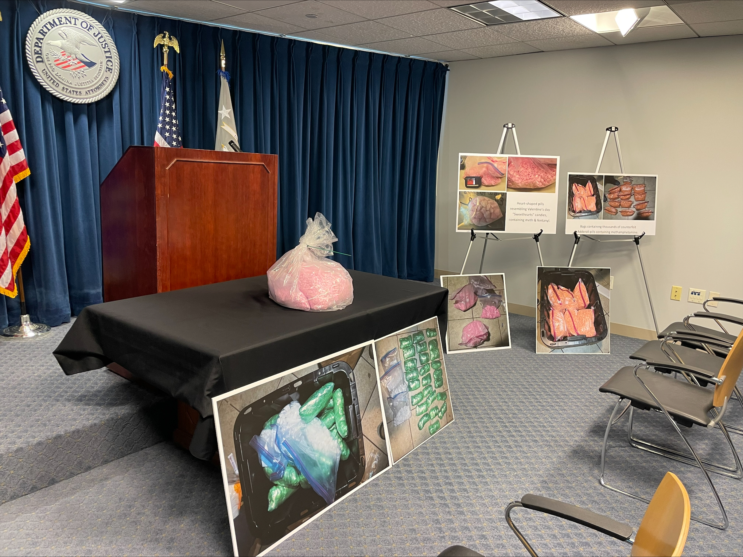 Drugs seized in a historic bust from a home in Lynn, Massachusetts, on Nov. 1, 2023, on display at a news conference announcing the bust in Boston on Monday, Nov. 6, 2023.