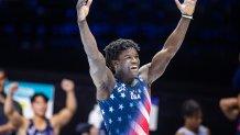 Frederick Richard of the United States celebrates his bronze medal victory in the Men's All-Around Final at the Artistic Gymnastics World Championships-Antwerp 2023 at the Antwerp Sportpaleis on October 5th, 2023 in Antwerp, Belgium.