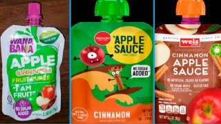 This image provided by the U.S. Food and Drug Administration on Thursday, Nov. 17, 2023, shows three recalled applesauce products.