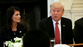 With U.S. Ambassador to the United Nations Nikki Haley at his side (L), U.S. President Donald Trump speaks during a working lunch with ambassadors of countries on the UN Security Council at the White House in Washington, U.S., April 24, 2017.