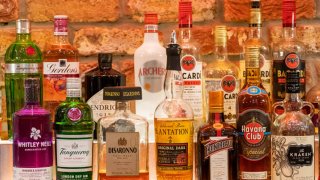 Spirits on display in a UK bar in Cardiff, United Kingdom.