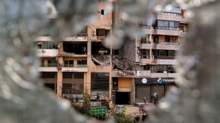 The destroyed Hamas’ office that was attacked by Israel on 02 January killing Palestinian leader Saleh al-Arouri and six others pictured from shattered glass in Beirut southern suburb.