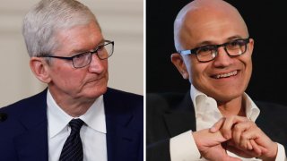 Apple CEO Tim Cook, left, and Microsoft CEO Satya Nadella.