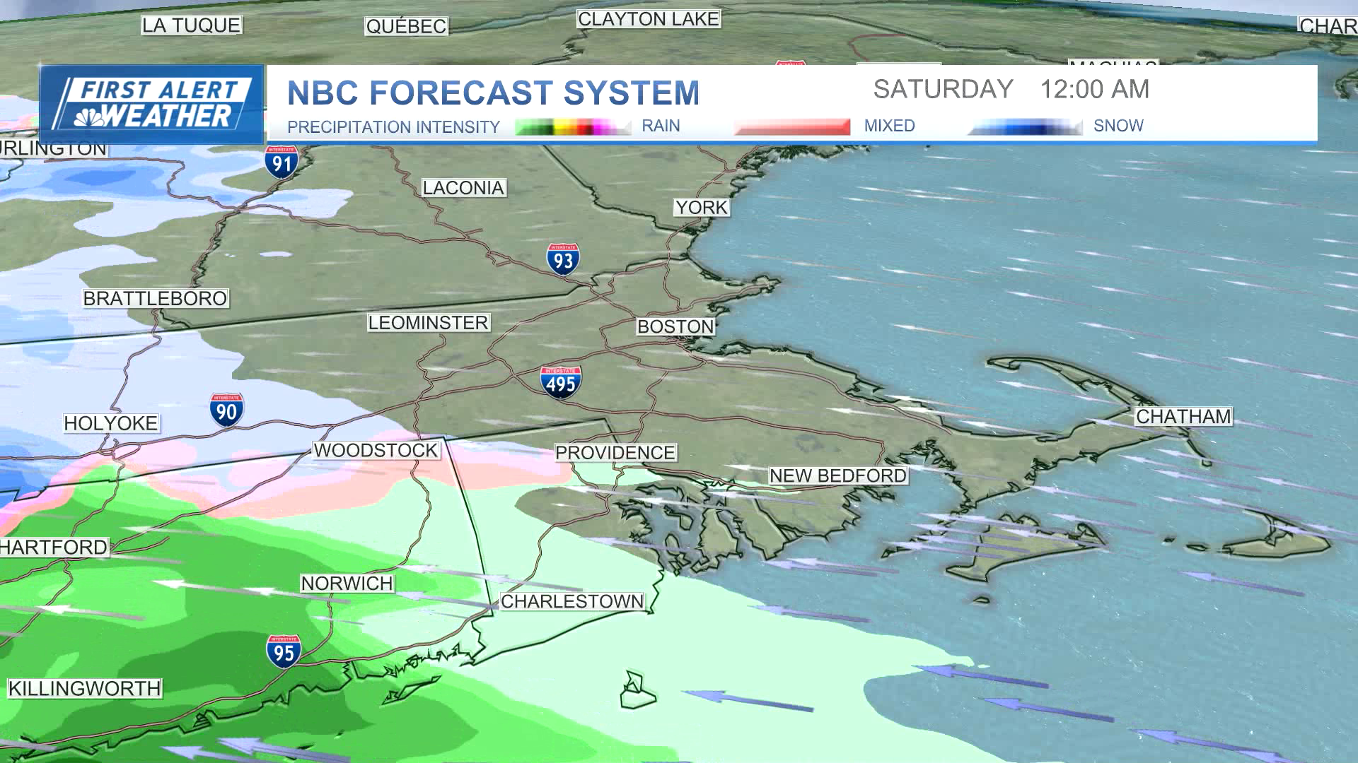 Rain and snow moving into New England at midnight on Saturday, Jan. 13, 2024.