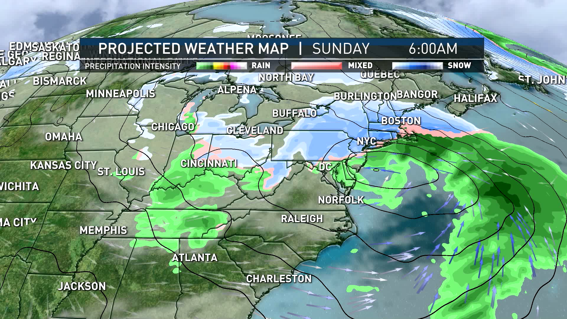 A map forecasting the path a snow-making storm is expected to take Saturday and Sunday, Jan. 6-7, 2024, across Boston, Massachusetts and New England.